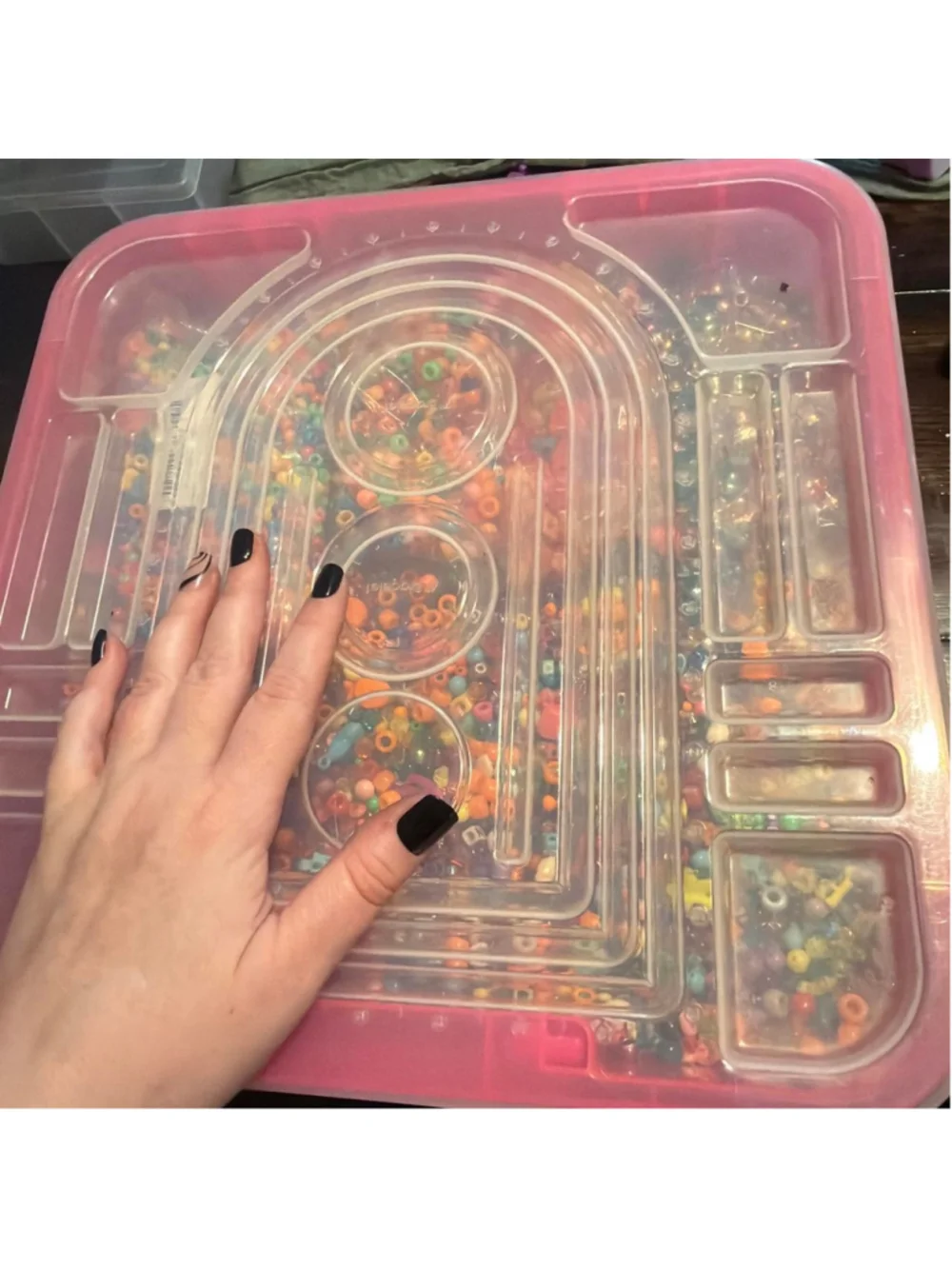 Extra large hot pink craft organizer With Multi-colored acrylic beads and charms